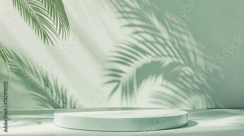 Minimal abstract background for the presentation of a cosmetic product Premium podium with a shadow of tropical palm leaves on a pastel green wall and gray table Showcase display case : Generative AI