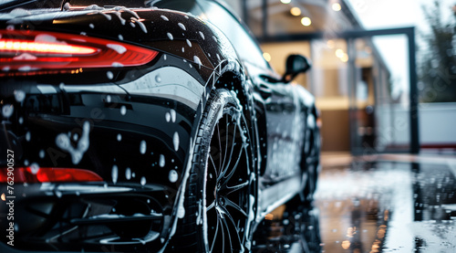 Luxury black sports car receiving professional shampoo wash, with space for text © pijav4uk