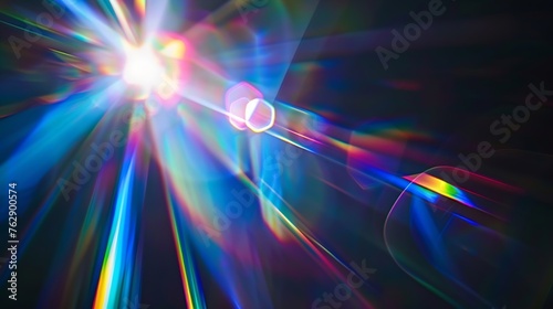 Blue light flare prism rainbow flares overlay effect on black background light crossing crystals prismatic sun catcher reflections rays Abstract blurred colourful lens flare bokeh on d : Generative AI