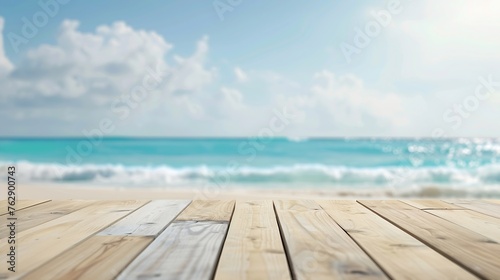 The blur cool sea background on horizon tropical sandy beach relaxing outdoors vacation with heavenly mind view at a resort deck touching sunshine sky surf summer clouds and light blue : Generative AI