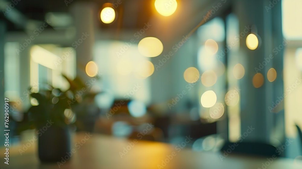 BLURRED OFFICE BACKGROUND MODERN BLURRY BUSINESS ROOM WITH LIGHT BOKEH FLARES CLASSROOM INTERIOR : Generative AI