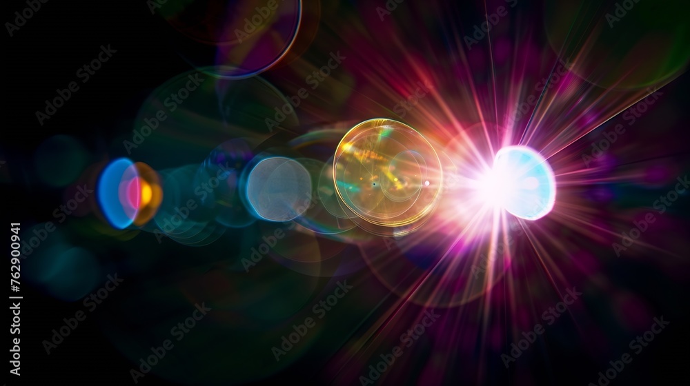 Abstract blurred colorful lens flare bokeh on black : Generative AI Abstract blurred colorful lens flare bokeh on black : Generative AI