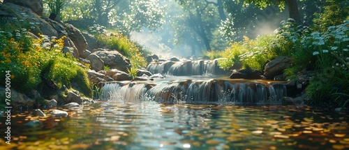 Rocky river stream in mountain forest, clear water, natural sounds
