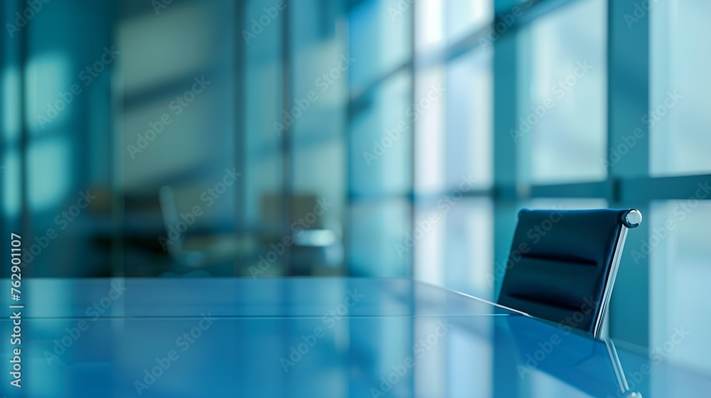 Modern blue business room with table and chair as background Abstract blur and defocus effect background : Generative AI