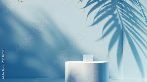 Minimal abstract bluewhite background for the presentation of a cosmetic product Premium podium with a shadow of tropical palm leaves on a blue wall and white table Showcase display ca : Generative AI photo
