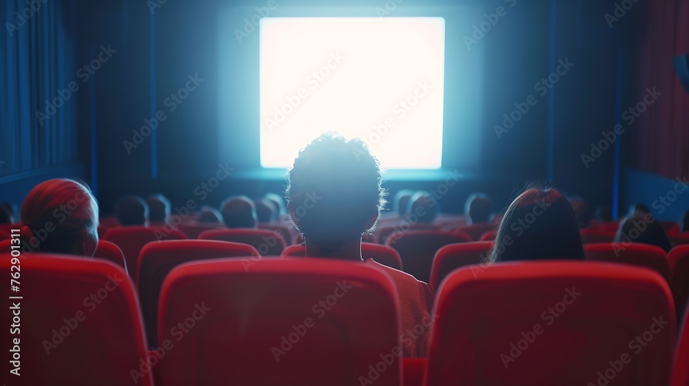 Cinema blank screen and people in red chairs in the cinema hall Blurred People silhouettes watching movie performance : Generative AI Cinema blank screen and people in red chairs in the cinema hall Blurred People silhouettes watching movie performance : Generative AI