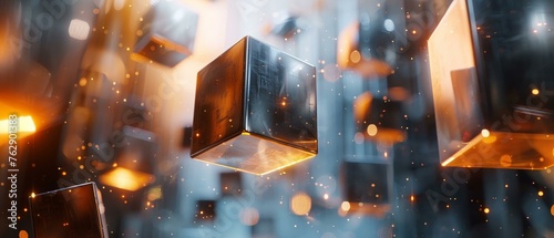 Polished metal cubes, floating in abstract 3D space, sleek design