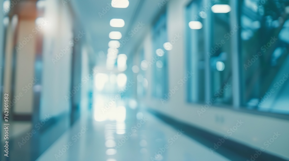 BLURRED OFFICE BACKGROUND SPACIOUS MEDICAL HALL IN MODERN HOSPITAL CENTER CLINICAL HALLWAY : Generative AI
