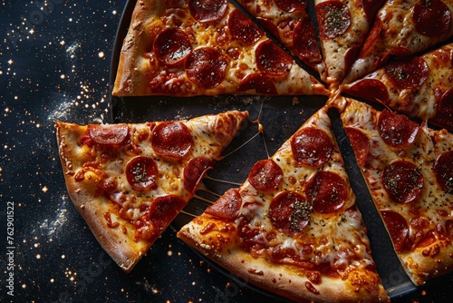 Pizza slices gliding under starry sky, perfect for late-night cravings
