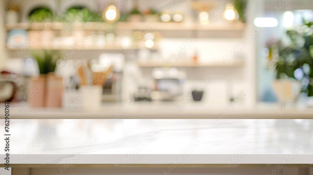 White table and blur kitchen background Empty white marble counter shelf table top over blur store shop with abstract bokeh light background Product and food display desk banner mockup : Generative AI White table and blur kitchen background Empty white marble counter shelf table top over blur store shop with abstract bokeh light background Product and food display desk banner mockup : Generative AI