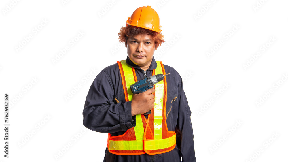 Transparent background, image of construction worker, wearing protective clothing, with a protective helmet, holding a hammer, holding a drill, showing a gesture Transparent background, image of construction worker, wearing protective clothing, with a protective helmet, holding a hammer, holding a drill, showing a gesture