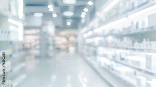 BLURRED MEDICAL STORE BACKGROUND WHITE DEFOCUSED BUSINESS INTERIOR MODERN PHARMACY SHOP HEALTH CARE CONCEPT : Generative AI