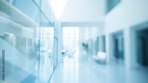 Blurred hotel or office building lobby blur background interior view toward reception hall modern luxury white room space with blurry corridor and building glass wall window   Generative AI