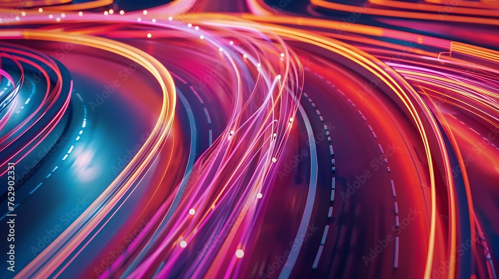 Panoramic Cars light trails at night in a curve asphalt road at night long exposure image : Generative AI Panoramic Cars light trails at night in a curve asphalt road at night long exposure image : Generative AI