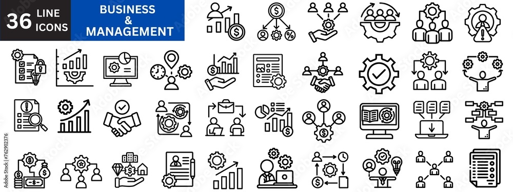 Business Management Outline Icon Collection. Thin Line Set contains such Icons as Vision, Mission, Values, Human Resource, Experience and more. Simple web icons set. Vector illustration