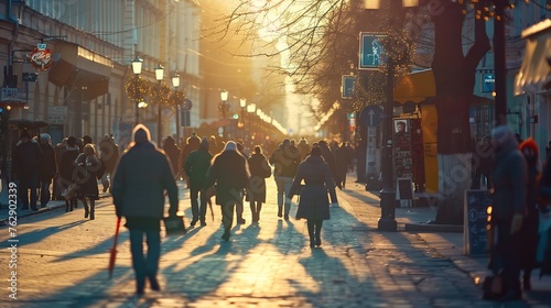 Blurred main street of a large Ukrainian city at sunset golden hour in winter with bright sun crowd of people walking down the street shops city center : Generative AI photo