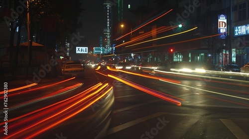the light trails on the street in shanghai china : Generative AI © Generative AI