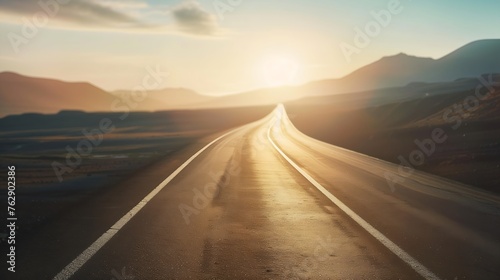 Empty long mountain road to the horizon on a sunny summer day at bright sunset  speed motion blur effect   Generative AI