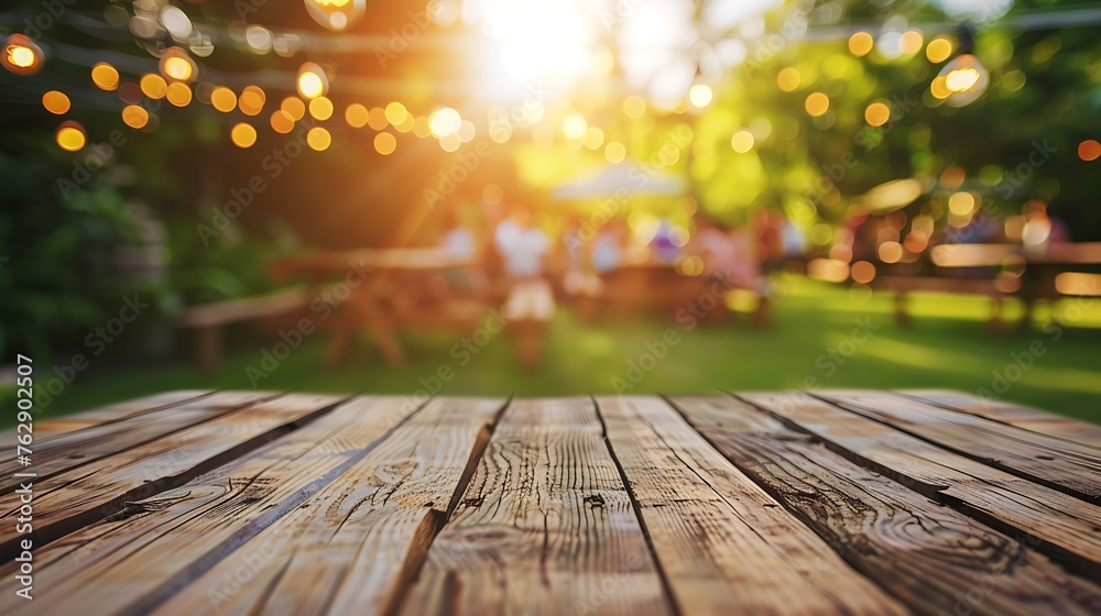 Empty wooden table with party in garden background blurred : Generative AI Empty wooden table with party in garden background blurred : Generative AI