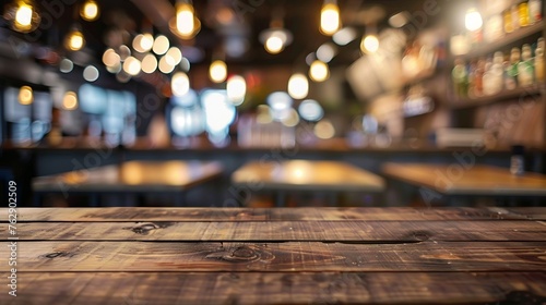 Wooden empty table in front blurred cafe background Bar counter key visual Wood table top for presentation product Restaurant table mockup Cafe desk effect Office space : Generative AI photo