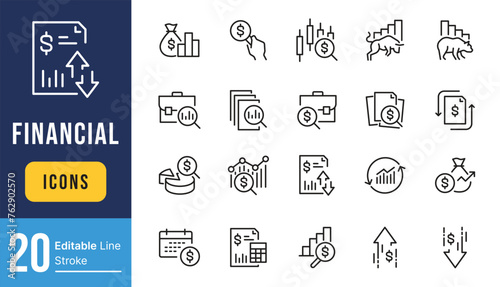 Set of Financial Analytics Related Vector Line Icons. Contains such Icons as Gainers and Losers, Portfolio Analysis, Financial Report and more. Editable Stroke.