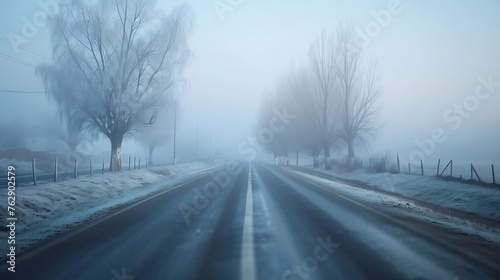 Selective blur on an smoggy foggy empty road street in the village of Vladimirovac in Vojvodina Banat Serbia in the countryside with a smog and fog during a cold freezing evening dusk  : Generative AI photo