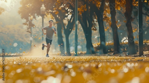 Sports man action and running in park with speed cardio workout or power of motion blur Runner athlete or training for marathon race with energy dynamic exercise or fast performance pa : Generative AI photo
