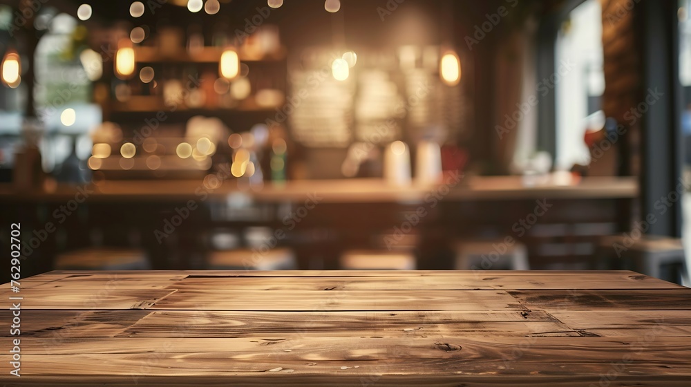 wood table on blur of cafe coffee shop bar background  can used for display or montage your products : Generative AI