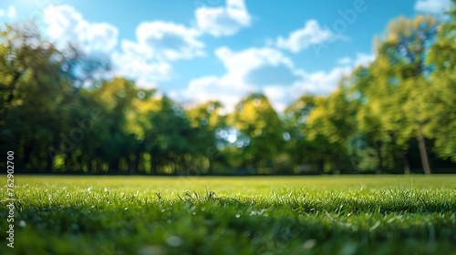 Beautiful blurred background image of spring nature with a neatly trimmed lawn surrounded by trees against a blue sky with clouds on a bright sunny day : Generative AI