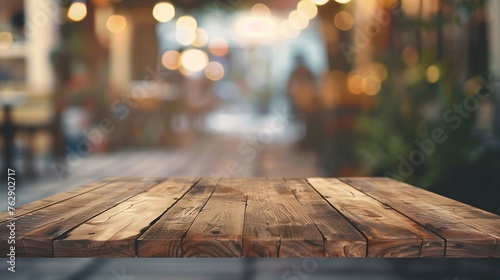 Wooden board empty table top on of blurred background Perspective brown wood table over blur in coffee shop background  can be used mock up for montage products display or design key v : Generative AI photo