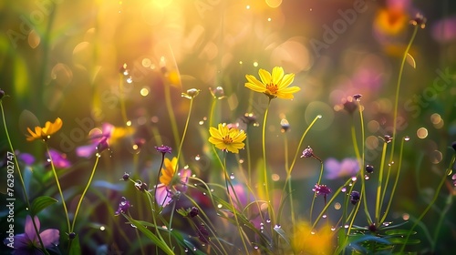 Morning summer or spring Beautiful wildflowers with dew drops at dawn light blur selective focus Shallow depth of field : Generative AI