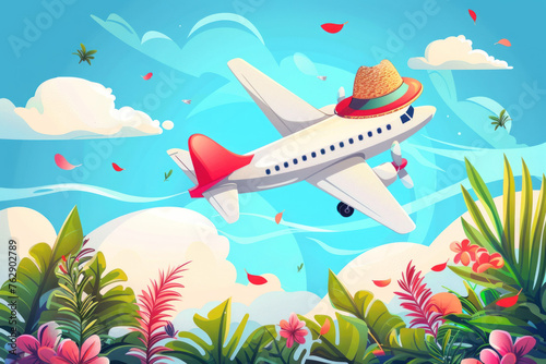 Airplane with a vibrant pink hat flying in a blue sky with fluffy white clouds