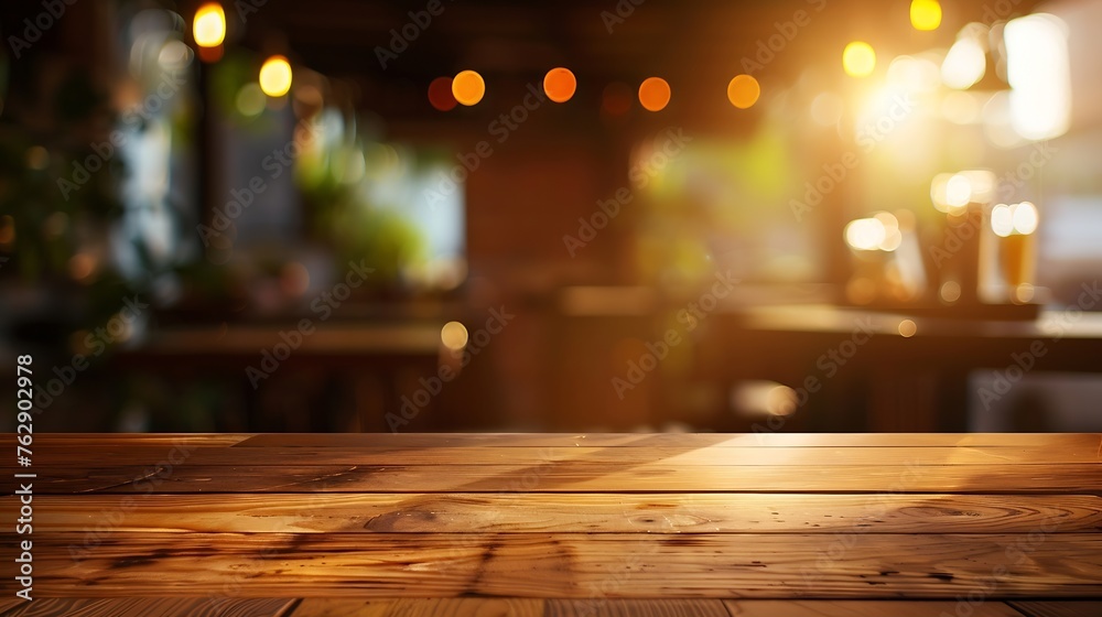 Empty wooden table with blurred background of cafe and restaurant : Generative AI Empty wooden table with blurred background of cafe and restaurant : Generative AI