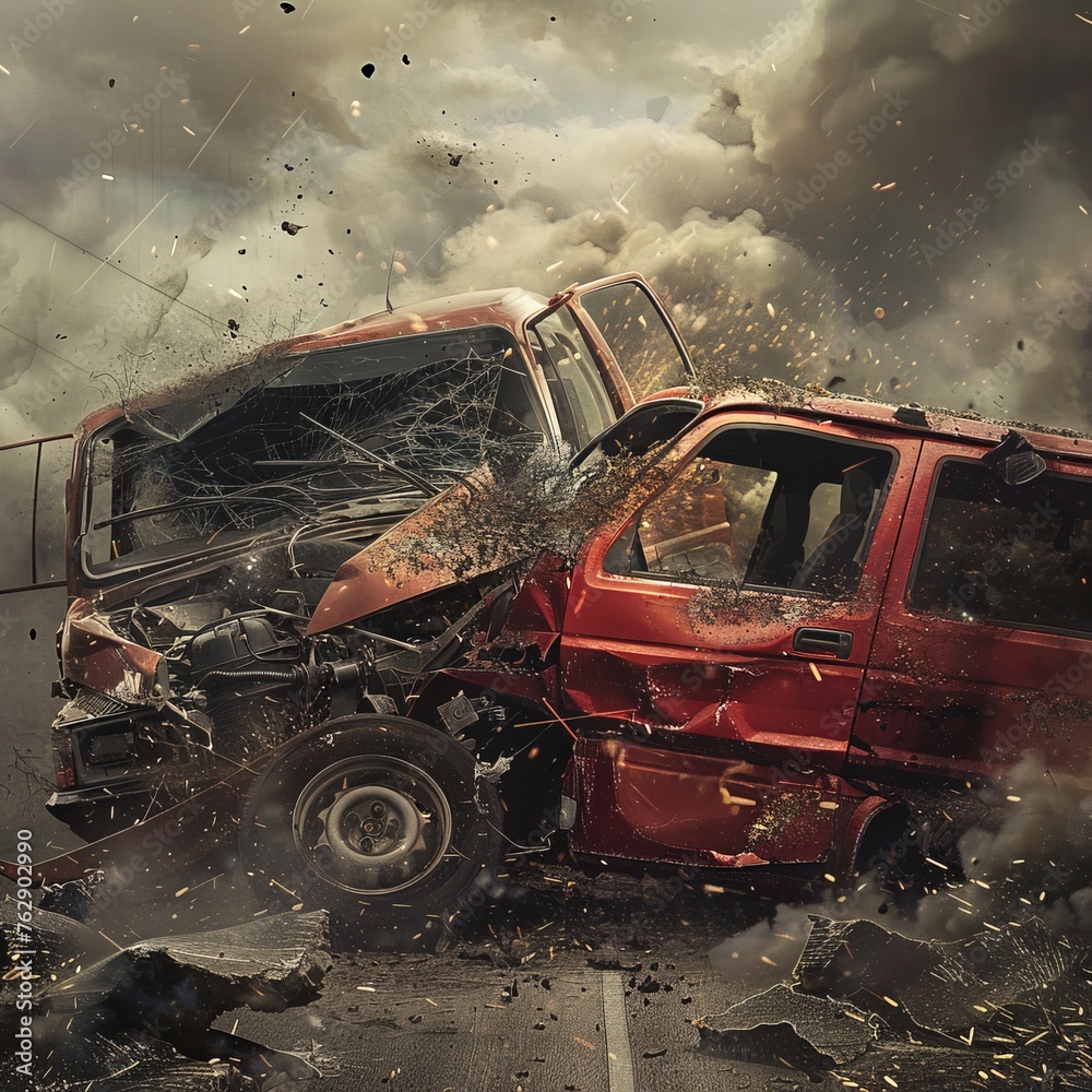 Obraz premium Car accident on a road in , car after a collision with a heavy truck