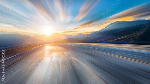 Empty long mountain road to the horizon on a sunny summer day at bright sunset with motion blur Backplate or Backdrop background : Generative AI photo