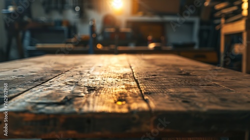 Worn old wooden table and workshop interior Retro vintage photo of background and mockup Sun light and dark shadows : Generative AI