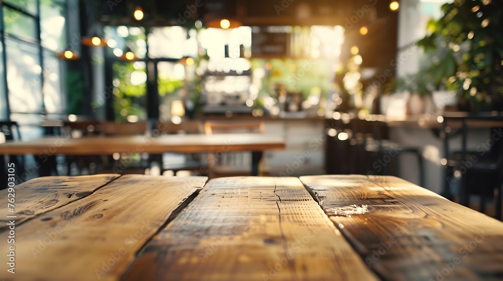 Blurred image of cafe interior with wooden table in front : Generative AI