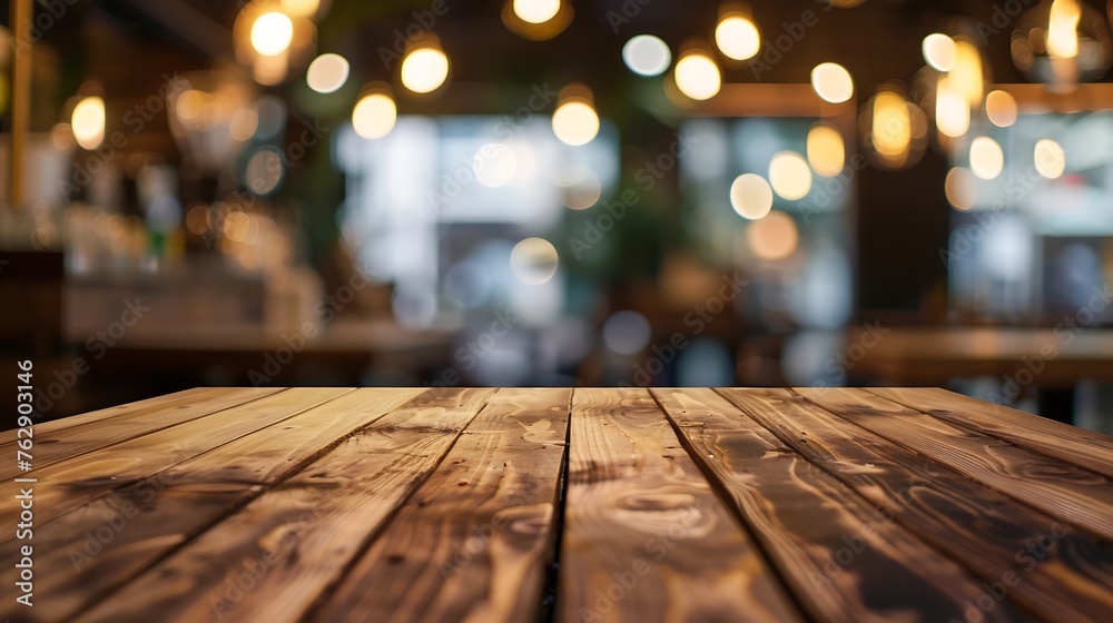 Empty wooden desk with blurred background of coffee shop or bistro cafe : Generative AI Empty wooden desk with blurred background of coffee shop or bistro cafe : Generative AI