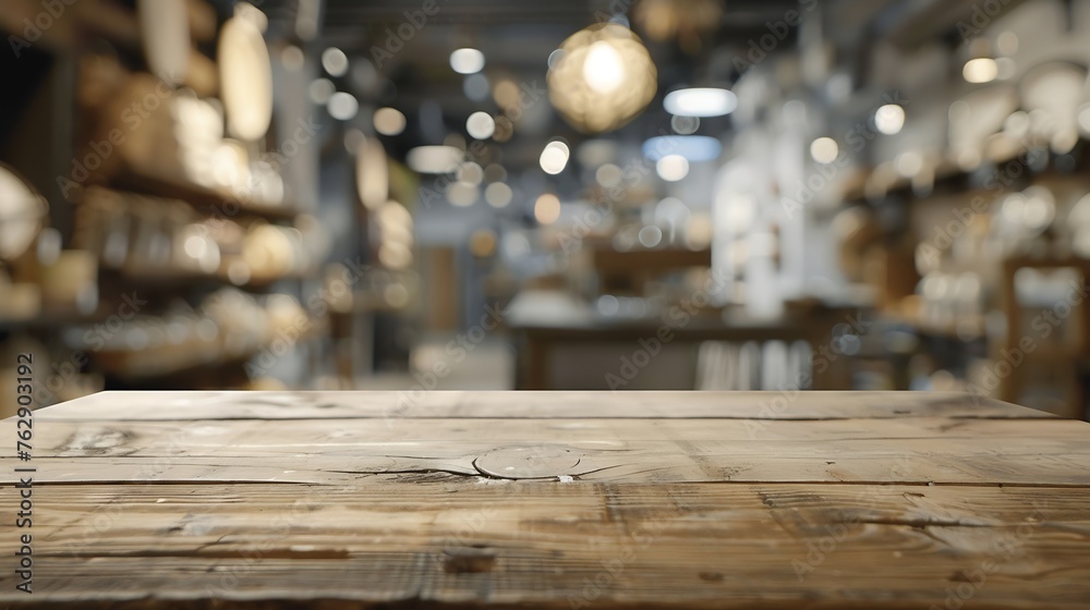 Empty wooden table and interior background product displayblurred store with bokeh : Generative AI