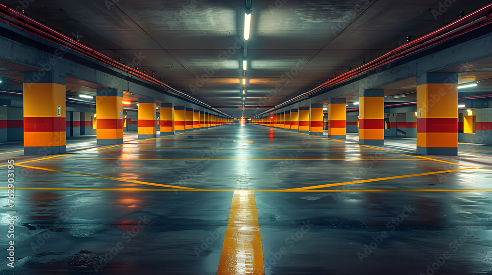 An empty parking garage with wet floors and white columns.