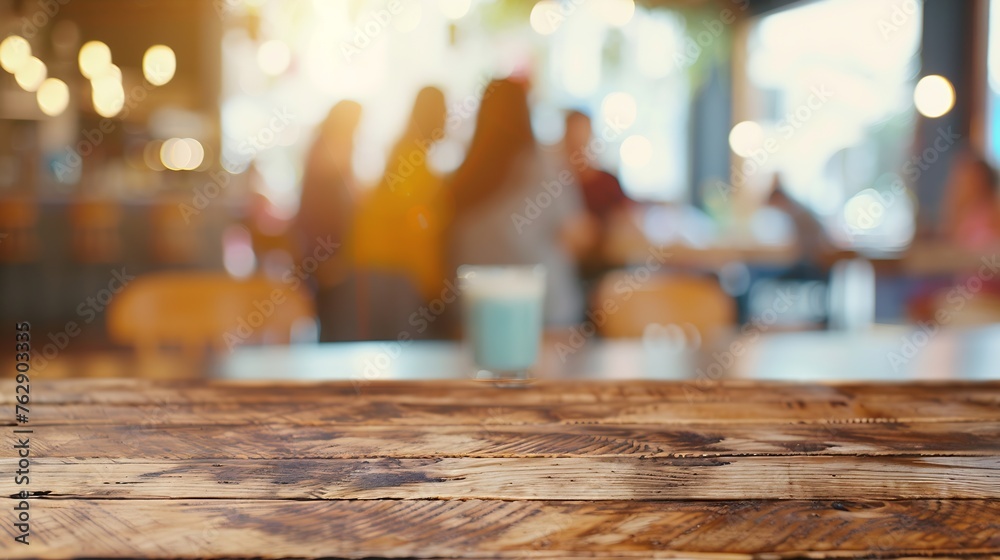 Wood table top with blur of people in coffee shop or caferestaurant backgroundFor montage product display or design key visual layout : Generative AI