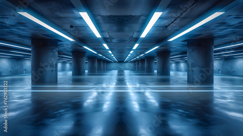 An empty parking garage with wet floors and white columns. © wing
