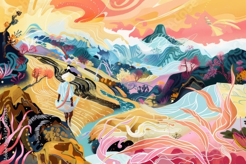 A dynamic wallpaper illustration showcasing a rice farmer merged with abstract elements resembling water ripples and lush foliage, Generative AI