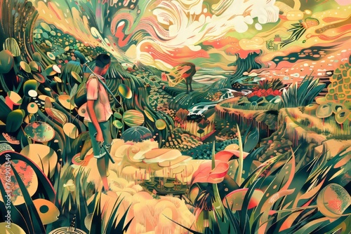 A dynamic wallpaper illustration showcasing a rice farmer merged with abstract elements resembling water ripples and lush foliage, Generative AI
