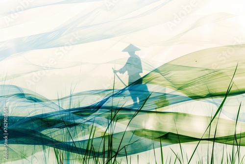 A mesmerizing wallpaper design showcasing a rice farmer merged with abstract shapes and lines reminiscent of flowing water and gentle breezes, evoking a sense of tranquility, Generative AI
