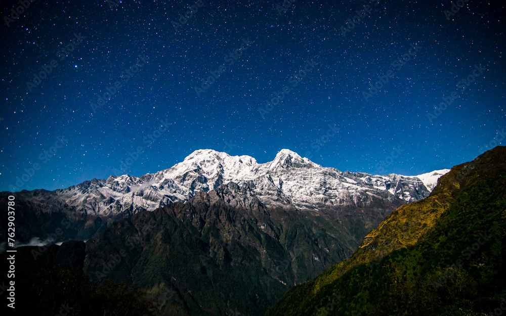 landscape night view of Mount Annapurna range in Nepal. 
