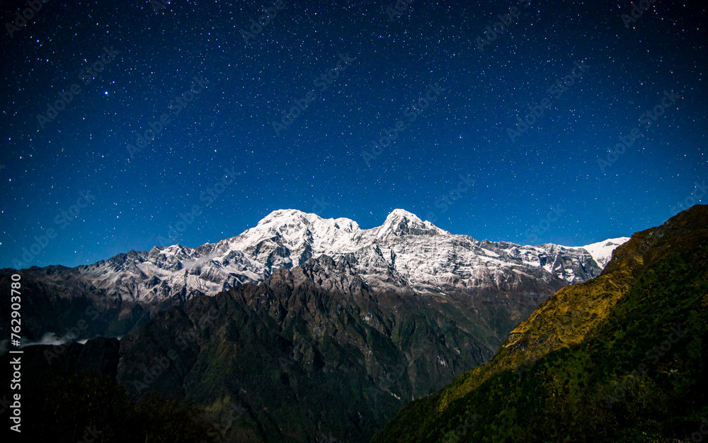 landscape night view of Mount Annapurna range in Nepal. landscape night view of Mount Annapurna range in Nepal.