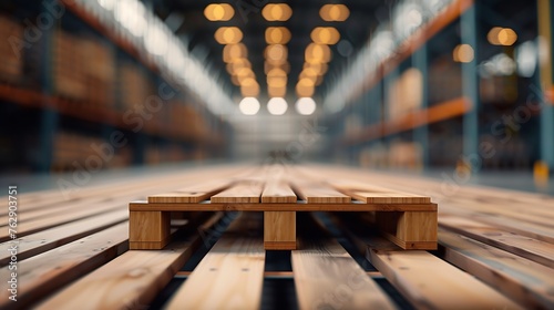 Empty wooden pallet on blurred warehouse background Flawless : Generative AI photo