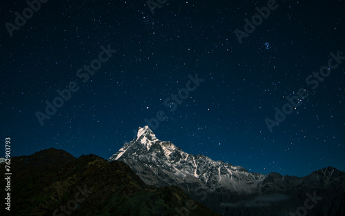 landscape night view of Mount Machhapuchhre range in Nepal. 