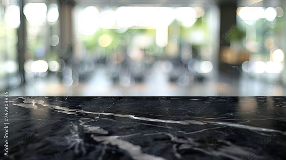 Empty black marble stone table top on blurred with bokeh Exercise room fitness and gym interior background  can be used for display or montage your products : Generative AI